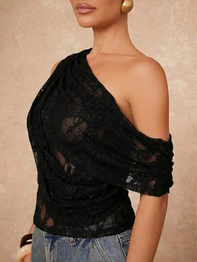 Lumalex Blusa asimétrica de encaje de unicolor y sexy para mujer, de verano