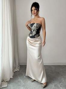 Elenzga 缎面褶皱腰部露背碎花短款上衣和修身鱼尾裙套装，优雅法式性感度假装 - 香檳色 - 查看 3