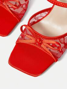 CUCCOO HITCHD Sandálias de salto alto femininas, modelo scarpin, bico quadrado, com laço, renda e renda vermelha, novidade para a primavera e o verão. Elegantes, românticas e sensuais. - Vermelho - Ver 11