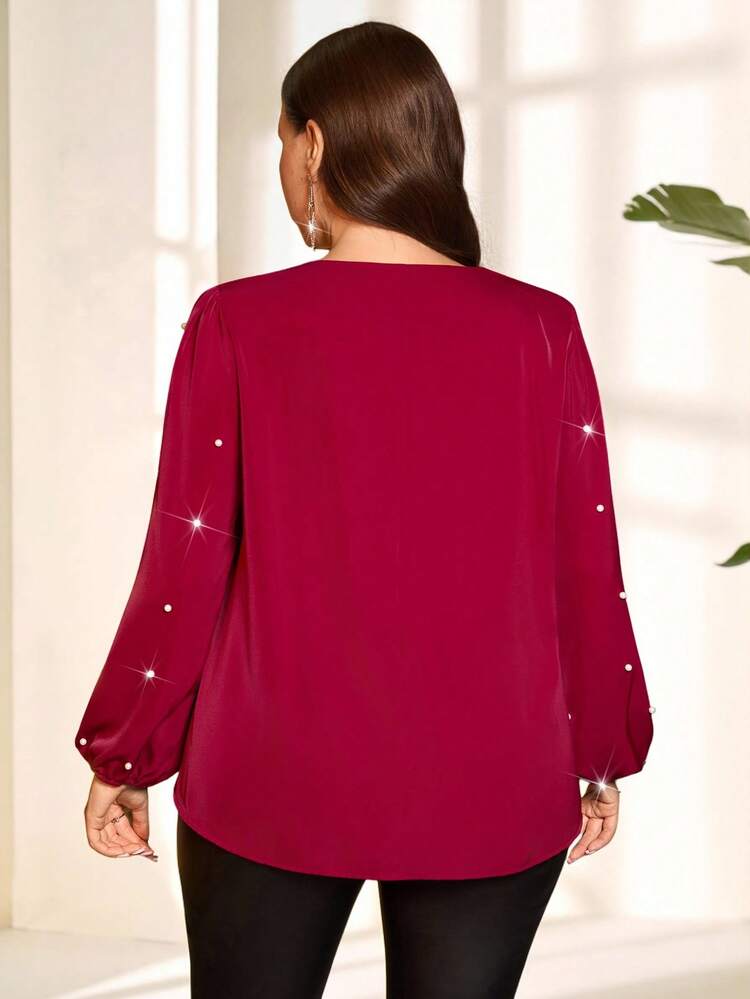 Plus Size Women's Solid Color V-Neck Faux Pearl Decor Lantern Sleeve Elegant Blouse Red Top Christmas New Year Elegant Blouses For Women Autumn Winter Cozy Fall And Winter