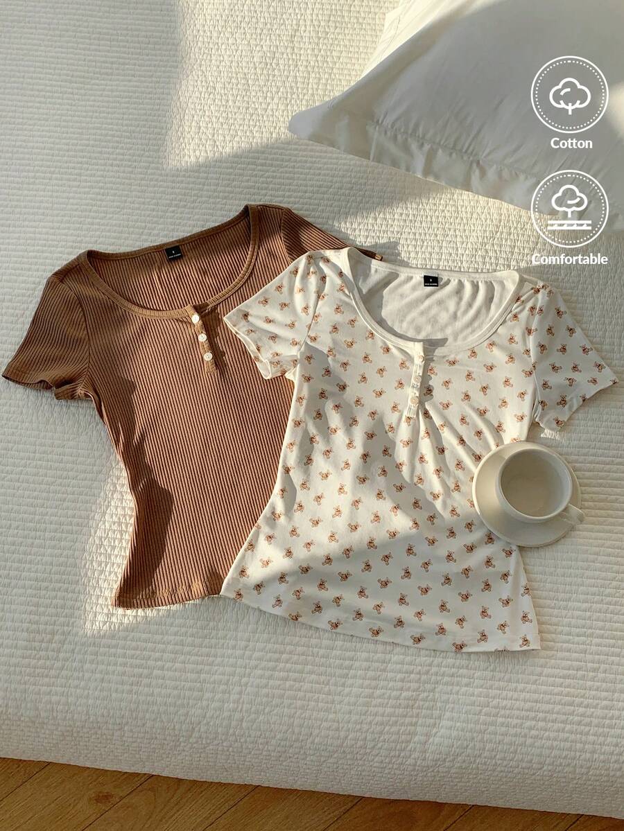 CovetEZ 2件装女士夏季休闲通勤纯色和碎花半开襟短袖T恤 - 彩色 - 查看 1