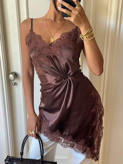 Siren Gaze Women's Summer Solid Color Contrast Lace Asymmetric Hem Camisole