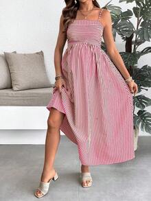 SHEIN 孕妇休闲条纹无袖连衣裙 - 玫紅色 - 查看 5