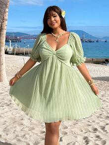 GalTyme 大码女式纯色褶皱休闲派对日常连衣裙 - 綠色 - 查看 6