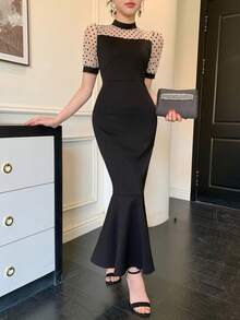 FRIFUL Women's Polka Dot Flocked Patchwork Heterogeneous Fabric Waist Cinched Ruffle Hem Long Sleeve Dress, Summer - Black - View 2