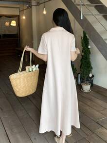 DAZY Đầm maxi nữ màu trơn cổ ve áo tay ngắn kiểu dáng thường ngày, thích hợp đi làm. - Màu be - Xem 3