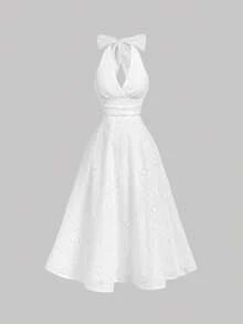 SHEIN MOD 女士织锦刺绣花卉提花露背V领长连衣裙，配蝴蝶结 – 复洛克风格，适合约会、派对、宫廷盛装、节日、生日及舞会等场合。 - 白色 - 查看 3