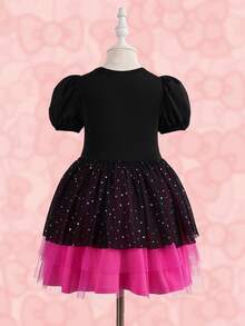 HELLO KITTY AND FRIENDS | SHEIN Young Girl Colorblock Cartoon Pattern Round Neck Short Sleeve Dress - Black - View 2