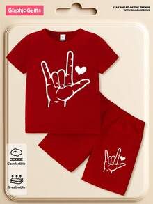 Valentine's Day 1pc Toddler Boys' Casual Creative Palm Heart Print Short Sleeve T-Shirt And Shorts Set, Comfortable Outfit For Valentine's Day Atmosphere Baby Red Outfit Boy Baby Streetwear Baby Designer Clothes Baby Casual Outfit Toddler Streetwear - Red - View 9