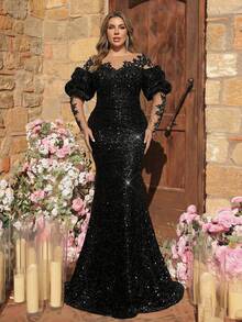 Glamrae 大码优雅奢华黑色贴花薄纱长袖亮片拼接美人鱼长裙，带拖尾，适合婚礼、派对、度假、舞会、晚礼服（厚款） - 黑色 - 查看 3