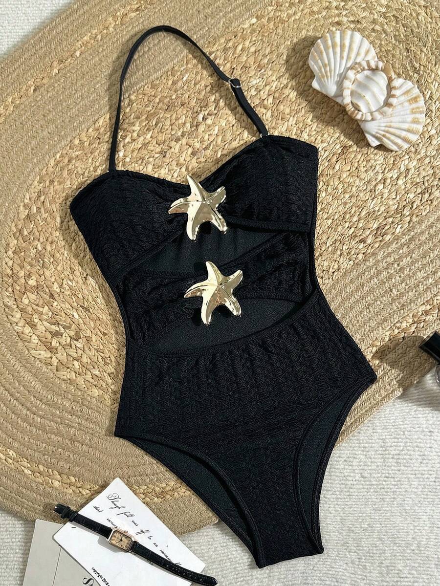 SHEIN Teen Girls V-Neck Floral Metal Buckle Textured Knit Backless One-Piece Swimsuit, Vacation Beachwear,Kids - Black - View 1