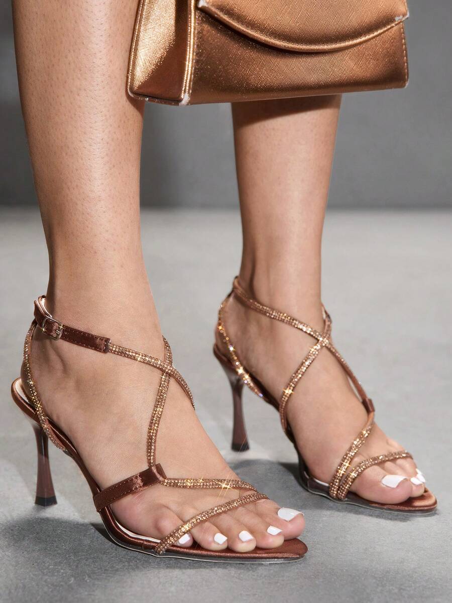 CUCCOO SZL 女士尖头水钻缠绕式绑带高跟凉鞋，性感迷人闪亮银色派对、活动、俱乐部、节日鞋履，圣诞节必备 - 咖啡 - 查看 1