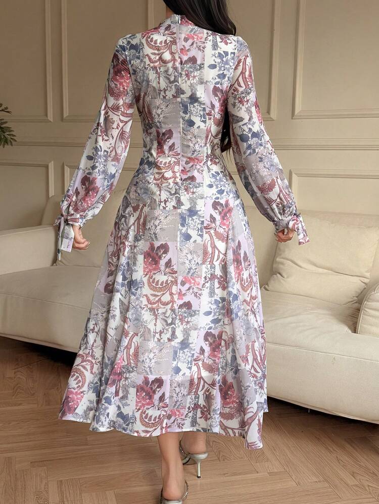 Women's Elegant Floral Print Midi Dress With Tie Collar, Spring/Summer Boho Sun Dresses For Women Vacation Outfits Women
