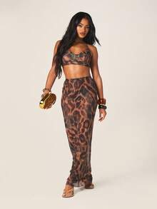 MISSGUIDED Leopard Print Two Piece Set Crop Top Maxi Skirt Halter Neck Bodycon Summer Vacation Beach Party Outfit - Multicolor - View 1