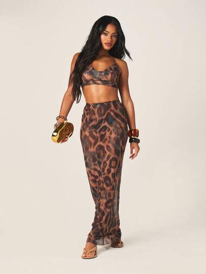 MISSGUIDED 豹纹两件套露脐上衣+长裙吊带修身夏季度假沙滩派对服装
