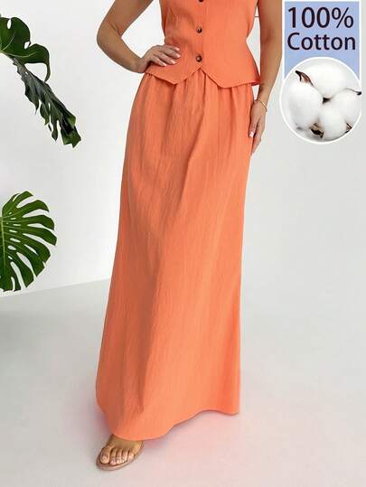 Firerie Women's Orange Elastic Waist Maxi Skirt, Comfortable Casual Everyday Skirt, Slightly Low Waist Mermaid Hem, Basic Daily Skirt, Spring/Summer , Elegant, Commute, Date, Work, Back To School, Boho, Vacation, Bohemian, Beach, Comfortable