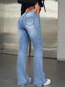 SHEIN ICON Jeans acampanados de tiro bajo con lavado retro - Lavado ligero - Ver 6