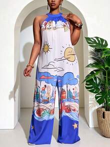 Veslaya Bộ jumpsuit ống rộng không tay in họa tiết hình học cỡ lớn Slayr, phong cách thường ngày cho kỳ nghỉ. - Màu xanh lam - Xem 8