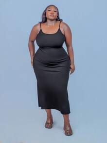 CurvyTilda Talla grande Vestido de tirantes unicolor - Negro - Ver 6