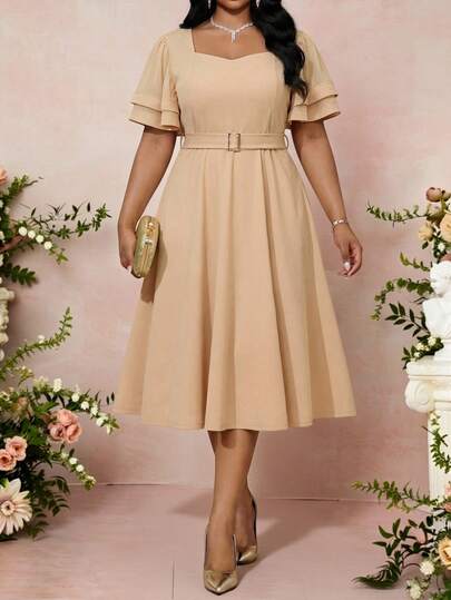 Fleurora 春夏优雅派对婚礼酒会音乐会/音乐节卡其色针织重叠领撞色亮片中长短袖加大码连衣裙，女士礼服