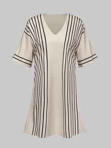 Breezaya Đầm ngắn tay cổ chữ V dáng rộng, thoải mái, thích hợp mặc hàng ngày, đi làm hoặc làm việc. - Màu be - Xem 1