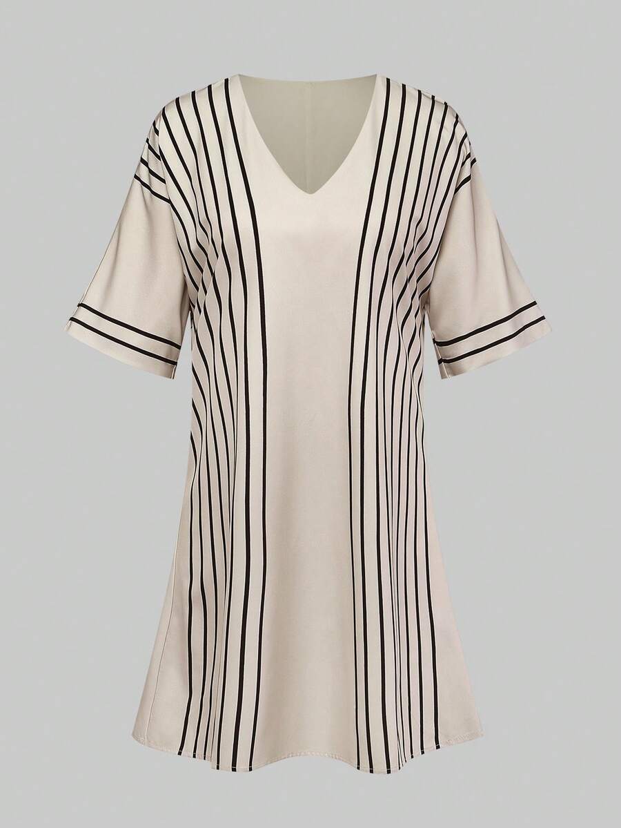 Breezaya Đầm ngắn tay cổ chữ V dáng rộng, thoải mái, thích hợp mặc hàng ngày, đi làm hoặc làm việc. - Màu be - Xem 1