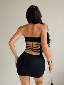Sirith Women's Fashionable Sexy Hollow-Out Backless Bandeau Mini Dress, Spring/Summer Bustier Dress Strapless Black Dress Sexy Club Dress - Black - View 2
