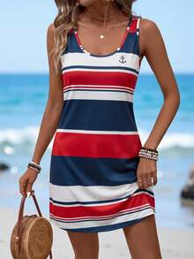 Sylviya Đầm nữ màu xanh hải quân kẻ sọc đỏ và xanh tương phản, dáng ôm, cổ tròn, không tay, thoải mái, thích hợp mặc thường ngày, đi nghỉ mát. - Nhiều màu - Xem 4