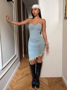 StreetHx Women's Frayed Hem Fitted Denim Cami Dress - Blue - View 3