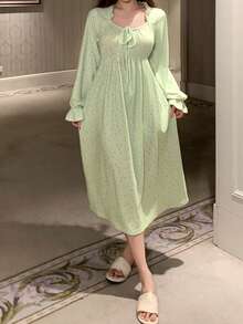 DAZY Sweet Ditsy Floral Frill Trim Long Sleeve Dress, Women Spring Sleepwear Pajamas - Green - View 6