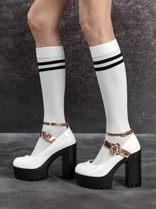 Sugerpunk Women's Sexy Color Block Fashion Thick Heel Platform Block Heels, Spring/Fall Fashion Solid Color Metallic Double Buckle Adjustable Back Straps Ankle Strap Party Outfit Date Mary Jane High Heel Flat Shoes 2000s Style - White - View 5