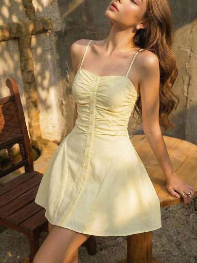 SHEIN MOD Women's Buttoned Decor Camisole Mini Dress, Pale Yellow,Tea Party Dress,Spring/Summer Outfits,Prom Dress,Birthday Dress,Summer Dress,Party Dress,Going Out,Tea Party Dress,Wedding,Holiday ,Vacation Dress,Corset Top Dress, Yellow Vacation Dress, Yellow Dress,Vacation Outfits,Holiday,Graduation Dress ,Summer Dress, Pale Yellow Dress