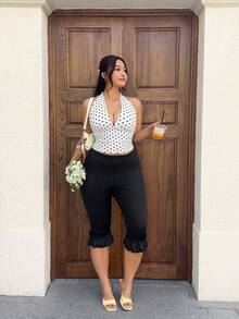 GalTyme 大码休闲百搭纯色荷叶边下摆打底裤 - 黑色 - 查看 5