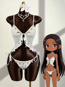 Zestiva 2pcs Women's Bikini Set: Spaghetti Strap Crop Top + Bottoms, Sexy Beach Party Swimwear, Spring/Summer, Mature Fashionable Retro Romantic Elegant, Spaghetti Strap Knotted Front Design, White Wavy High-Quality Fabric, Bohemian Beach Club Style - White - View 1