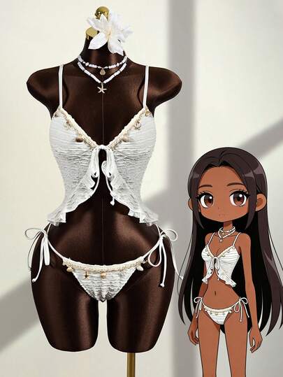 Zestiva 2pcs Women's Bikini Set: Spaghetti Strap Crop Top + Bottoms, Sexy Beach Party Swimwear, Spring/Summer, Mature Fashionable Retro Romantic Elegant, Spaghetti Strap Knotted Front Design, White Wavy High-Quality Fabric, Bohemian Beach Club Style