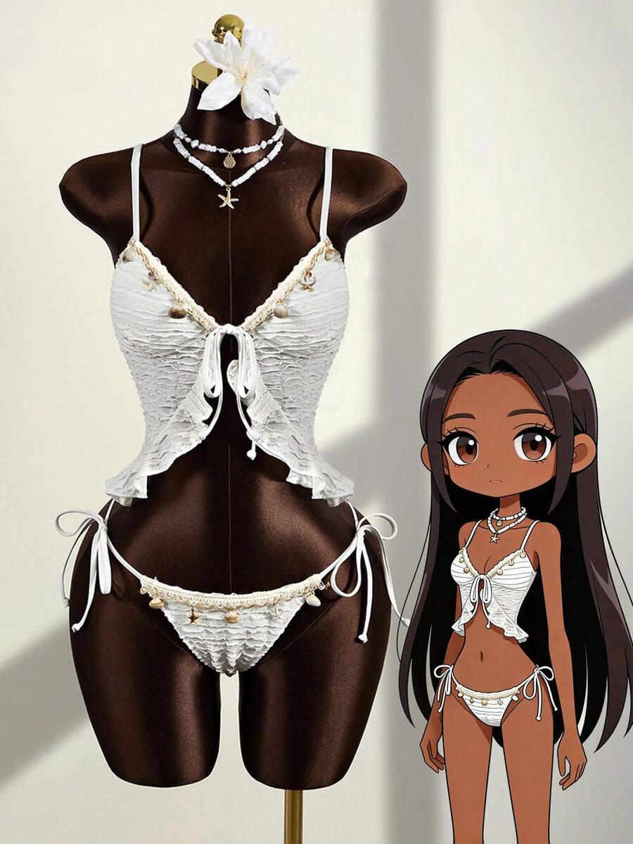 Zestiva 2pcs Women's Bikini Set: Spaghetti Strap Crop Top + Bottoms, Sexy Beach Party Swimwear, Spring/Summer, Mature Fashionable Retro Romantic Elegant, Spaghetti Strap Knotted Front Design, White Wavy High-Quality Fabric, Bohemian Beach Club Style - White - View 1