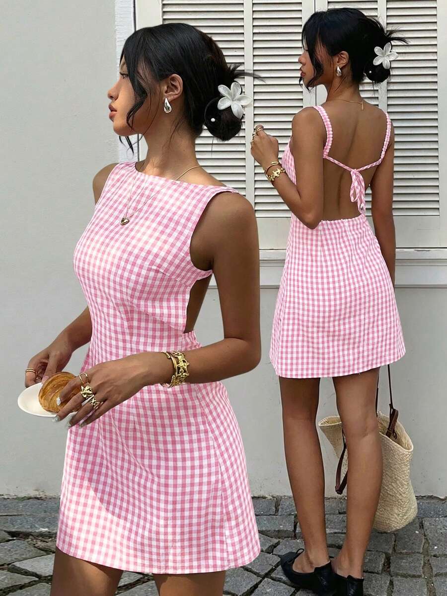 MainGRL Women's White And Pink Cottage Core Gingham Dress,Casual Plaid Backless Sleeveless Round Neck Mini Dress For Summer,Picnic,Vacation,Music Festival - Pink - View 1