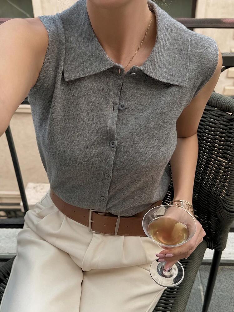 Women Sleeveless Solid Color Knit Top With Collar