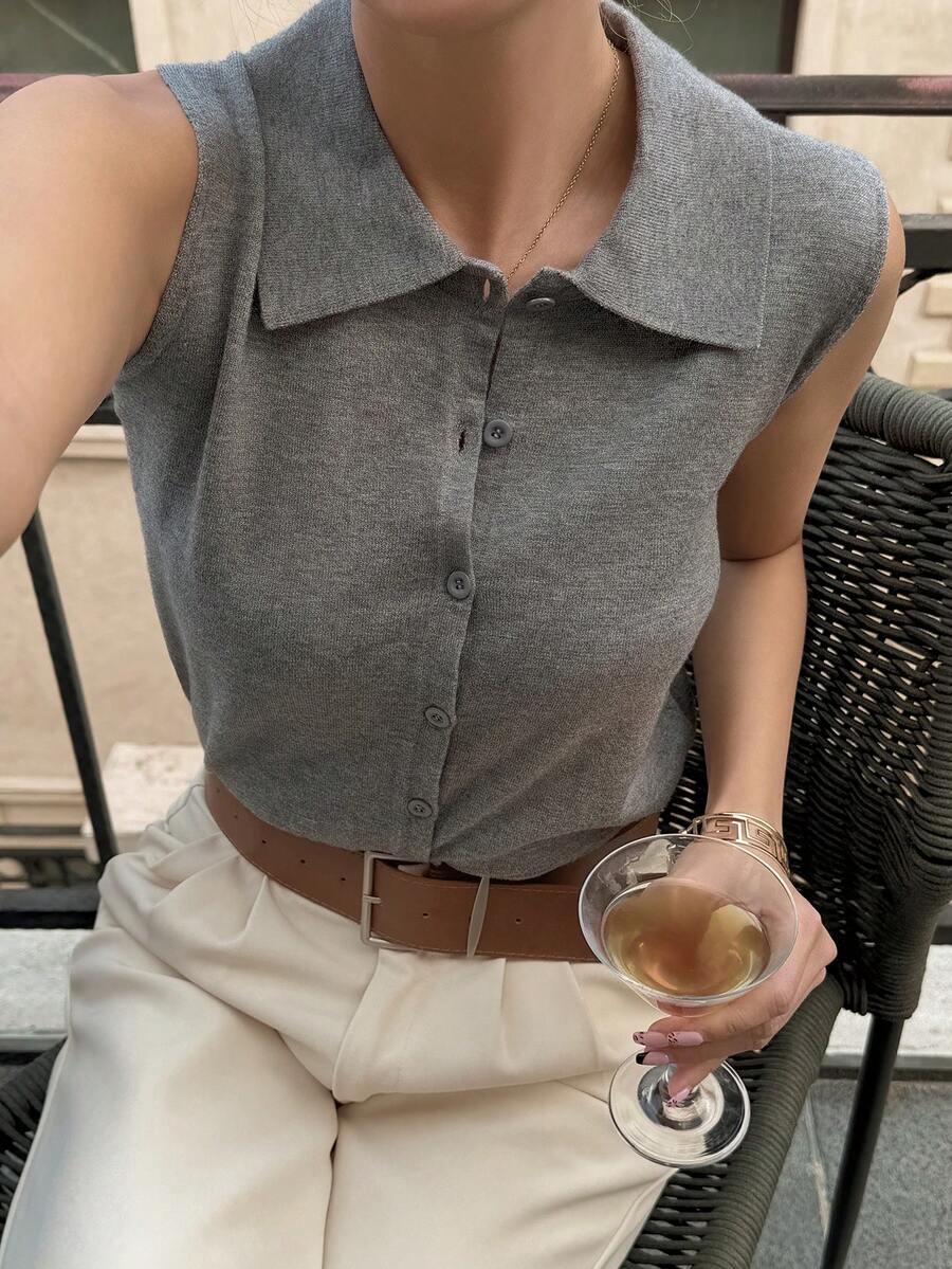 DAZY Women Sleeveless Solid Color Knit Top With Collar - Grey - View 1