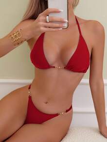 Oceva 夏季沙灘露背無背心比基尼套裝 - 紅色 - 查看 4