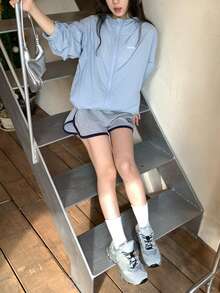 DAZY 少女字母印花插肩袖拉链连帽衫 - 藍色 - 查看 3