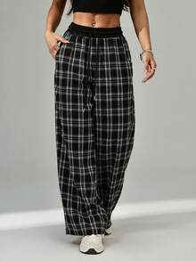 SHEIN PETITE Women's Casual Loose Checked Wide Leg Pants - Black and White - View 5