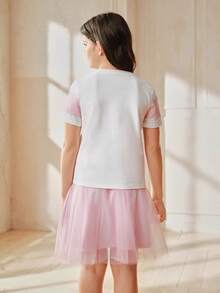 Anewsta Tween Girl Colorblock Lace Patchwork T-Shirt And Mesh Skirt Set, Spring/Summer - Pink - View 7