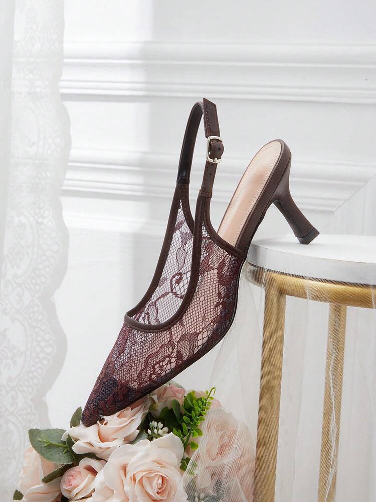 CUCCOO HITCHD Women Shoes Summer New Embroidered Lace Pointed Kitten Heel Elegant Romantic Apricot Lace Mesh Women's High Heel Shoes Slingback Dress Shoes Bridal Shoes Dating Elegant Wear Wedding Season Dinner Wedding Shoes Summer Shoes Bride Shoes