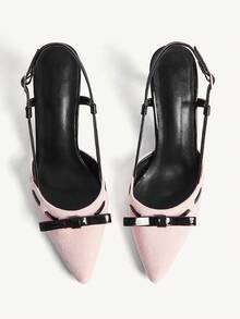 CUCCOO CHICEST 女士高跟鞋，蝴蝶结设计，尖头，细高跟，撞色拼接，仿麂皮和PU皮革材质，优雅约会之选，浪漫甜美露趾鞋 - 淺粉色 - 查看 9