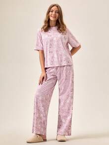 Loomlin 女士纯棉撞色爱心图案短袖衬衫长裤家居服舒适休闲睡衣套装 - 彩色 - 查看 3