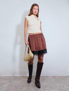 Nöista Brown Satin Mini Skirt With A Black Lace Trim Hem And An Elastic Waistband With A Small Bow. Night Out, Festival, Spring, Summer, Woman. - Brown - View 3