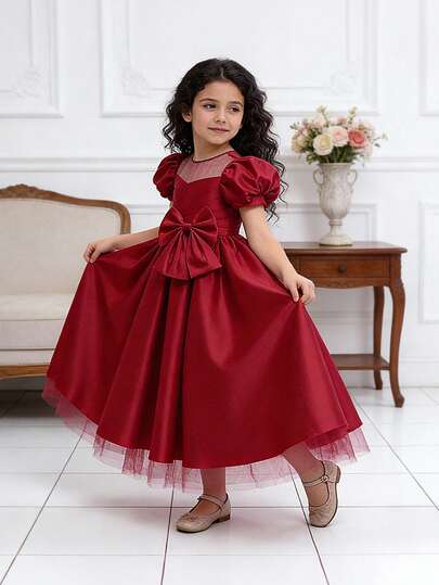 Young Girls Red Pleated Satin Big Bow Tulle Puffy Princess Dress, Luxurious Elegant Wedding Flower Girl Violin Recital Birthday Party Gown
