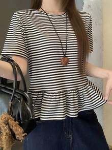 DAZY Women's Loose Fit Ruffle Hem Black & White Striped Long Sleeve T-Shirt, Minimalist Design - Black - View 7