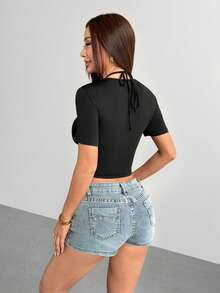 Lyxana Black Summer Seksi Chic Club Halter Tie Metal Buckle Pleated Hollow Highlight Short Sleeve T-Shirt,Suitable For Music Festival,Party,Vacation - Black - View 2